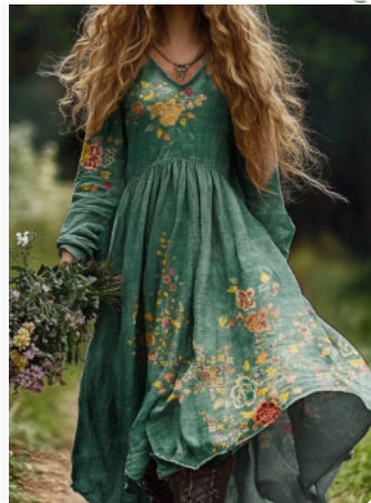 Printed Dress V-neck Long Sleeve Plus Size