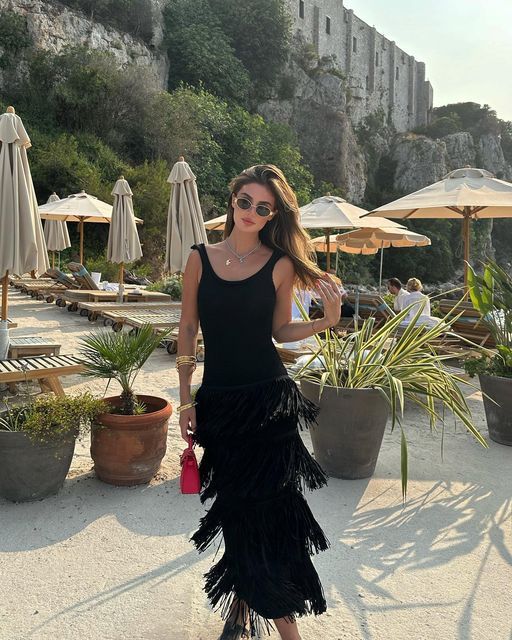 Solid Color Hem Tassel Knitted Sling Dress