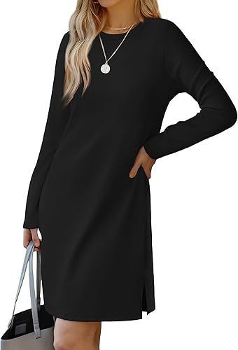 European And American Round Neck Slit Hemline At Hem Sweater Long Sleeve Casual Dress