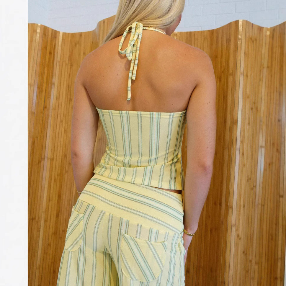 Sexy Strapless Striped Tube Top High Waist Casual Trousers Two-piece Set