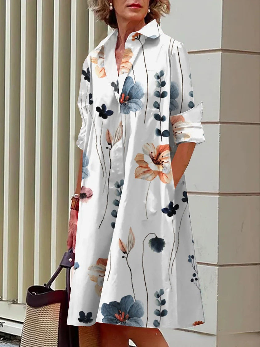 Women's Elegant Floral 3D Digital Printing Single Row Open Button Shirt Dress