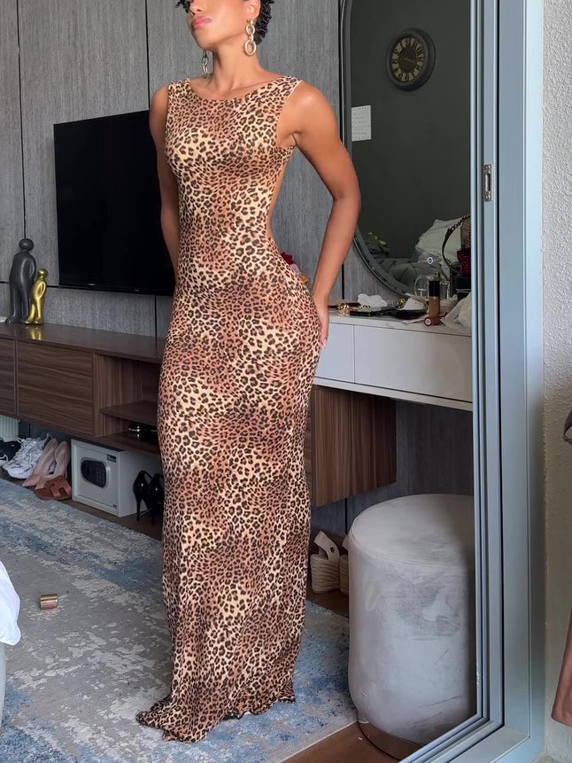 Backless Leopard Print Maxi Dress