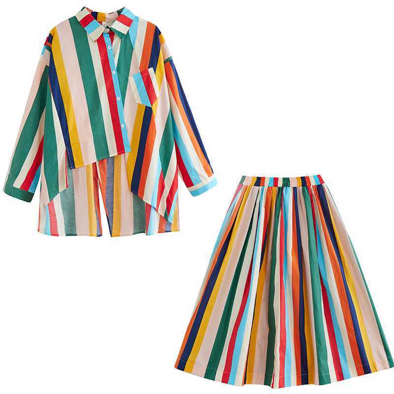 Loose Artistic Color Stripes Irregular Shirt Big Hem Skirt Two-piece Set