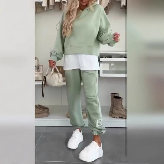 Spring And Autumn Women's Hooded Fashion Solid Color Casual Suit