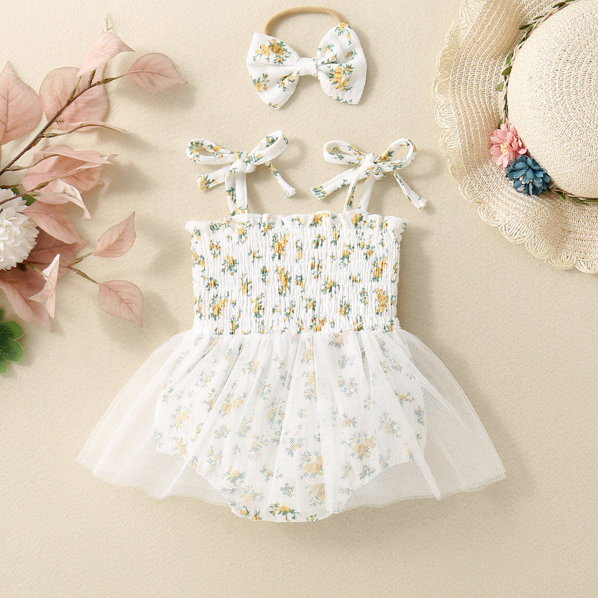 Baby Girl Flower Print Sling Triangle Rompers Tulle Skirt