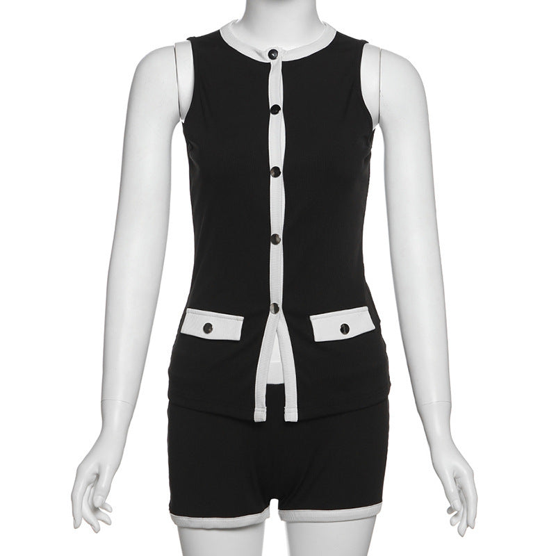 Single-breasted Cover Pocket Design Color Matching Top Tight Shorts Two-piece Set