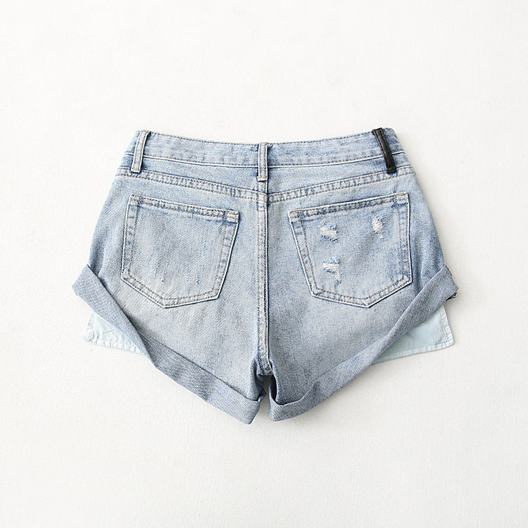 Flanging Low Waist One Button Casual Denim Shorts