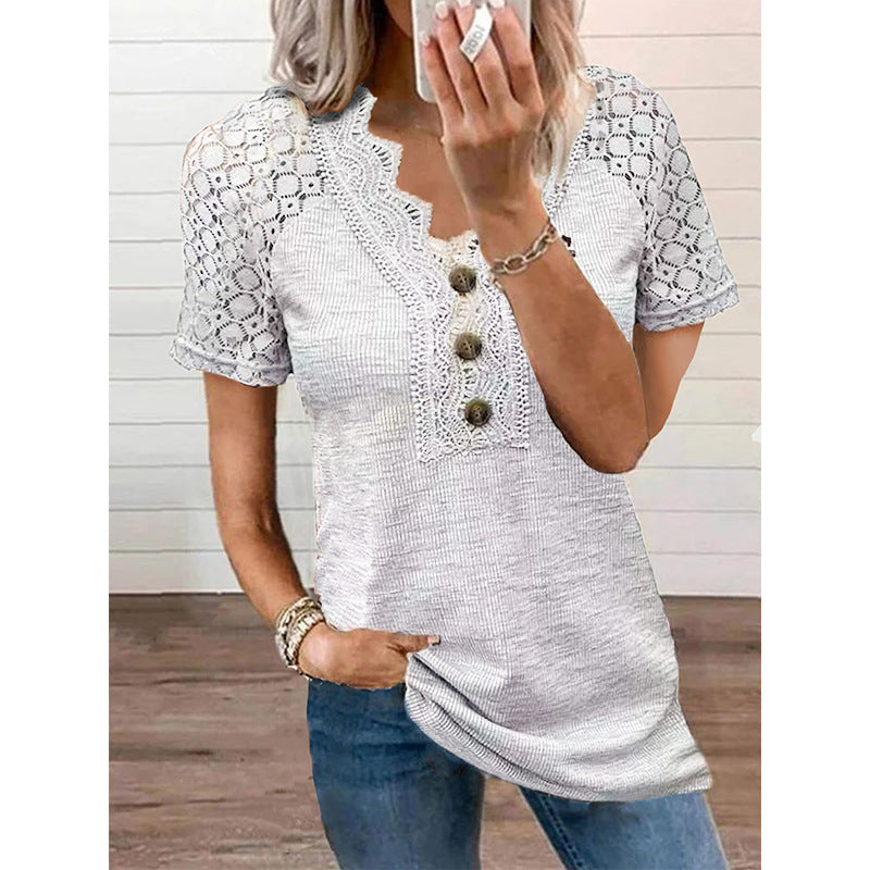 Casual Solid Color Lace V-neck Patchwork Top T-shirt With Short Sleeves