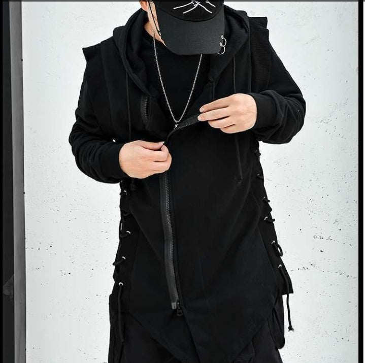 Dark Mid Length Windbreaker Men's Loose Hip Hop Cloak Sweater Hooded Coat