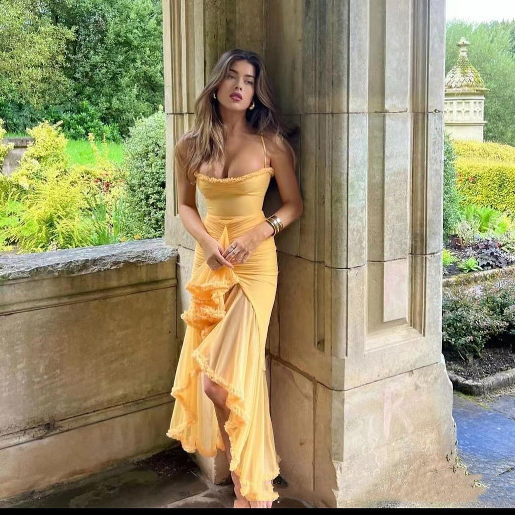 Quality Yellow Strap Lace Long Dress