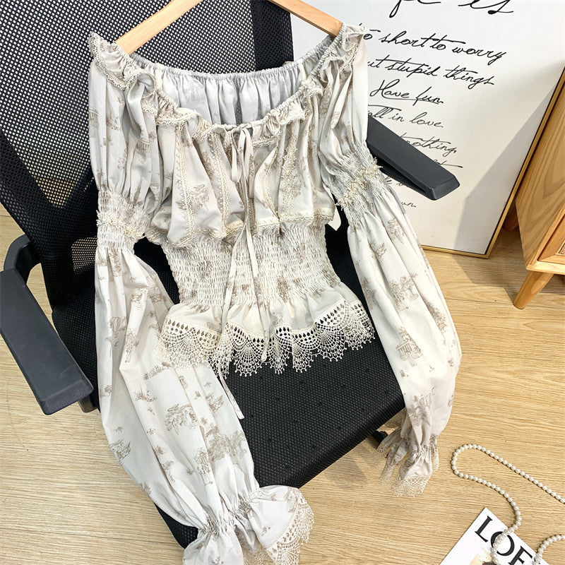 Printed Waist Lace One Word Collar Top Temperament