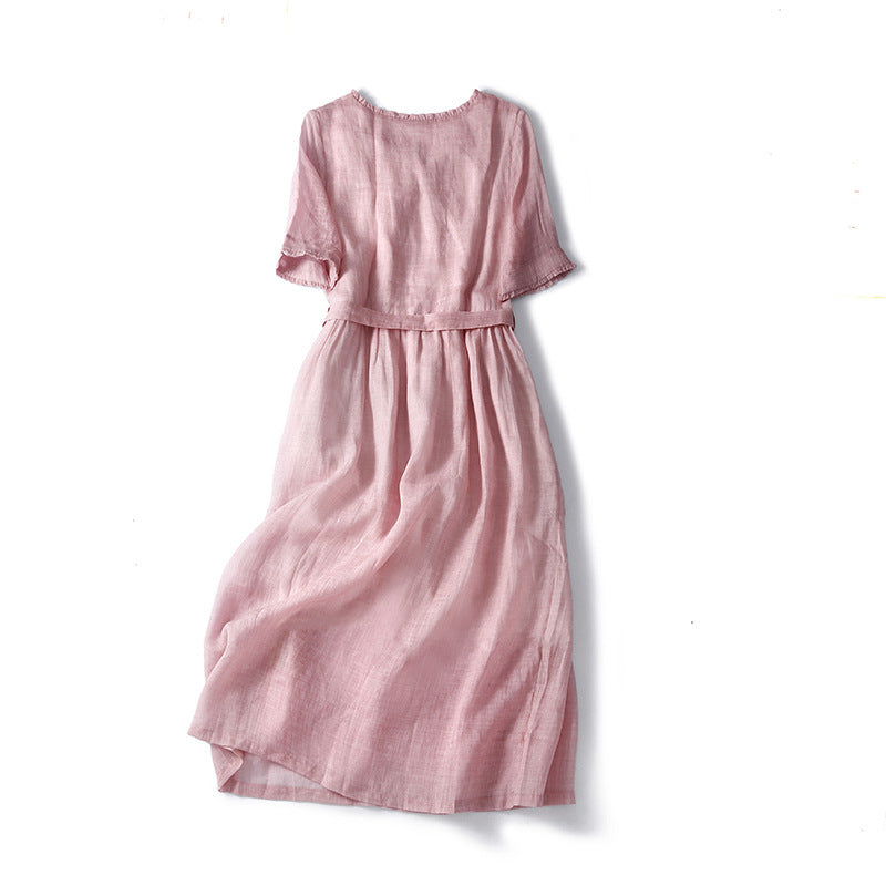 Cotton Linen Thin Lace Vintage Art Belt V-Neck Skirt