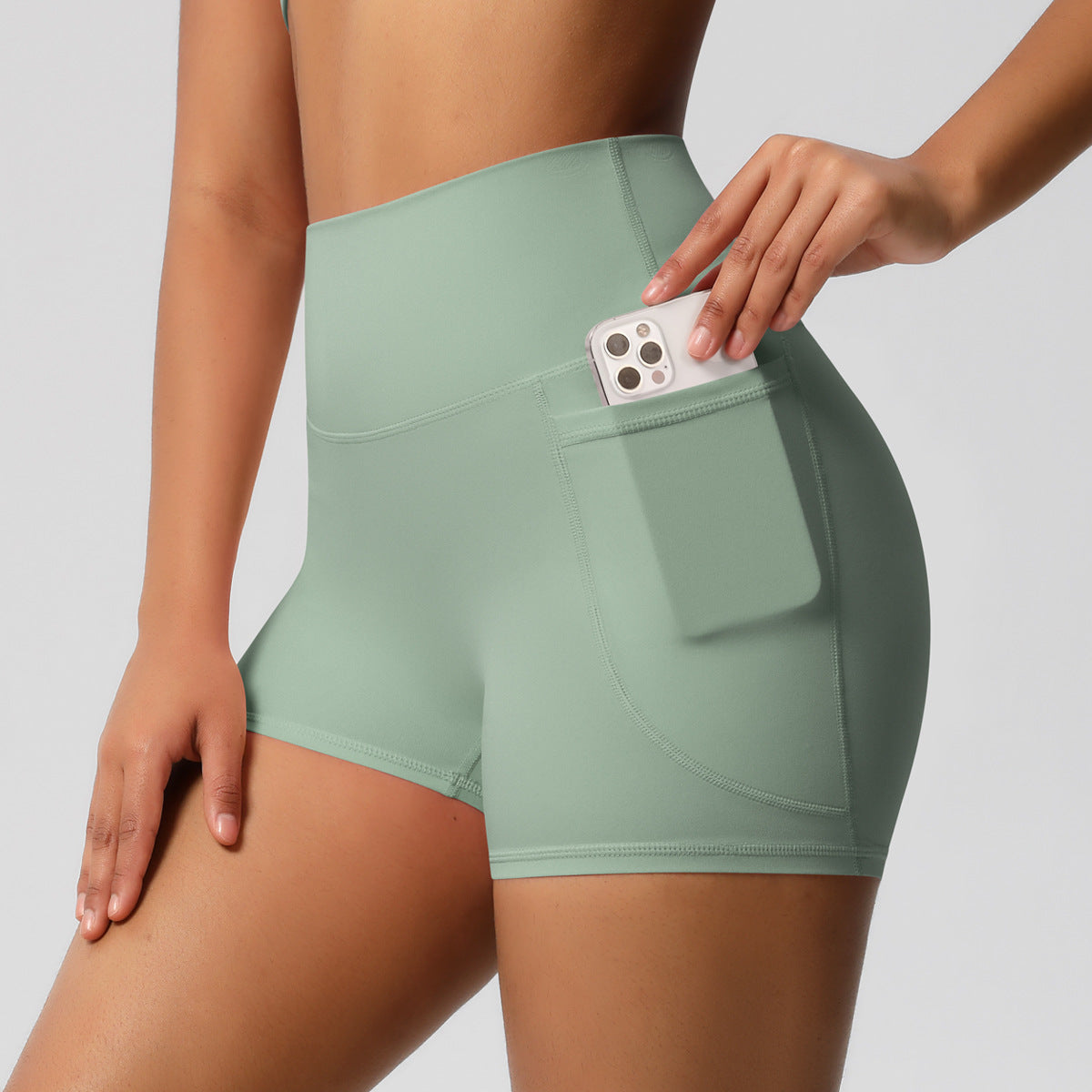 Brushed Solid Color Pocket High Waist Tight High Elastic Yoga Shorts