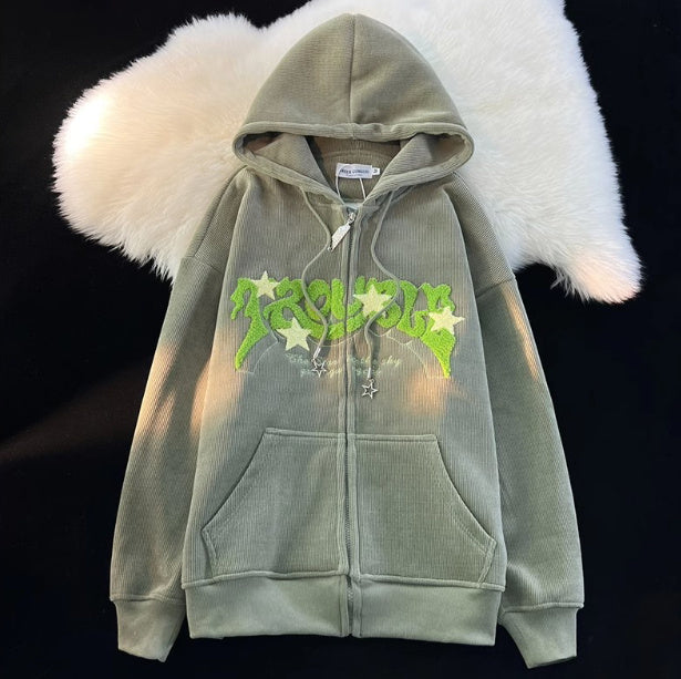 XINGX Corduroy Cardigan Coat Spring And Autumn Loose Hooded Sweater