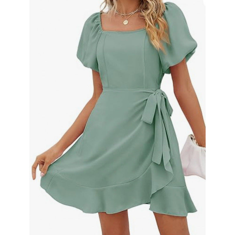 Women's Square Collar Solid Color Puff Sleeve Dress Lace-up Waist