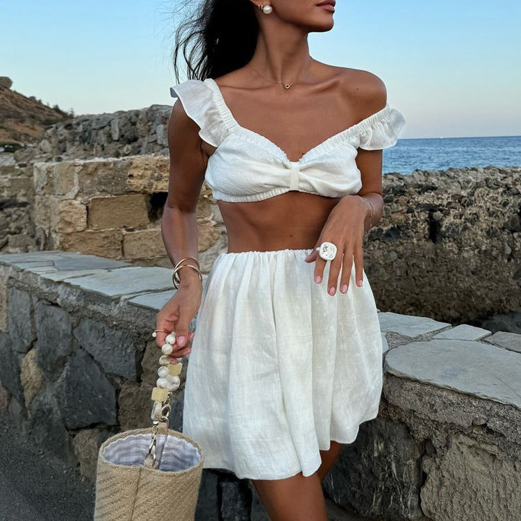 White Sleeveless Camisole High Waist Short Skirt Two-piece Set
