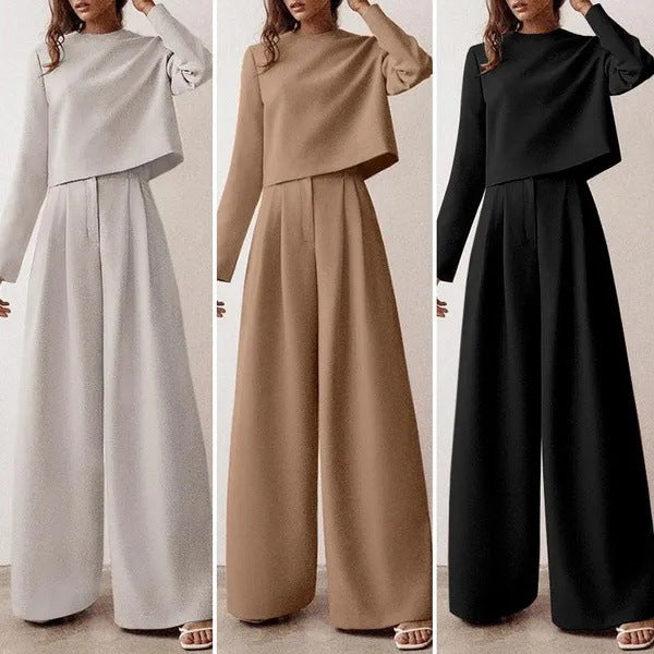 Loose-fitting Solid Color Long Sleeves Casual Two-piece Suit Wide Leg Pants Suit