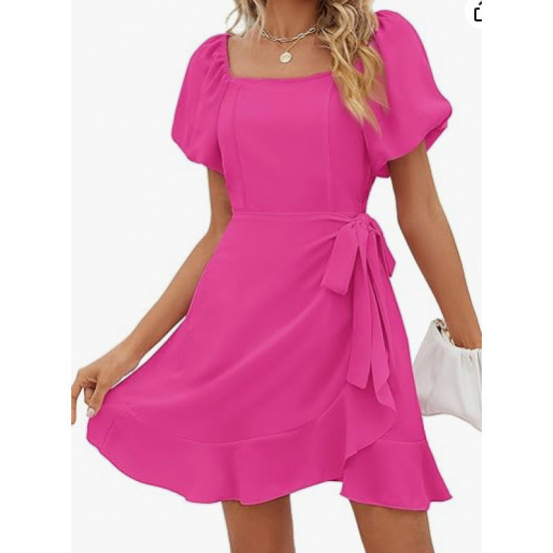Women's Square Collar Solid Color Puff Sleeve Dress Lace-up Waist