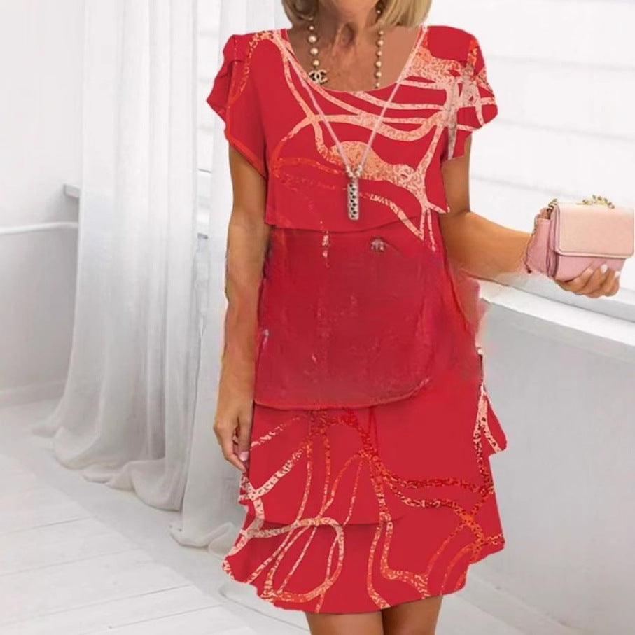 Women's Short-sleeved Round Neck 3D Printed Chiffon Dress