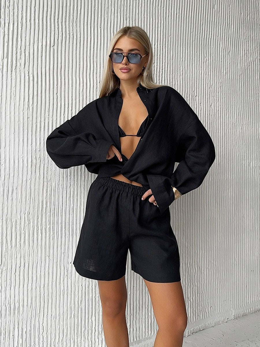 Long Sleeve Cardigan Shorts Suit Simple
