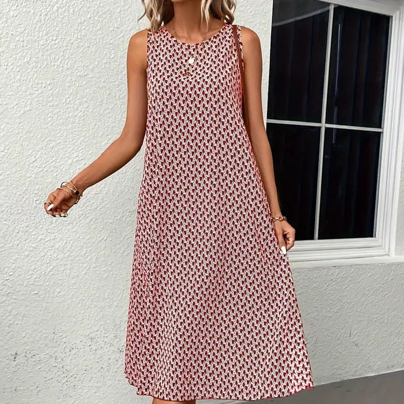 Women's Round Neck Sleeveless Printed Mid-length Dress