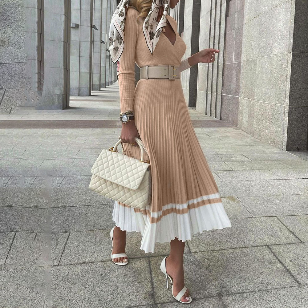 Belted Slim V Neck Knitted Pleated Dress