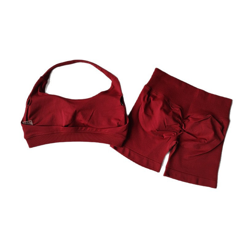 Halter Backless Bra High Waist Peach Sports Shorts Suit