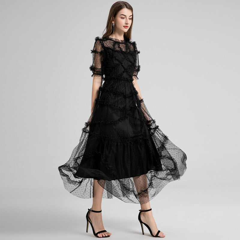 French Heavy Industry Retro Round Neck Short Sleeves Polka Dot Wooden Ear Swing Dress