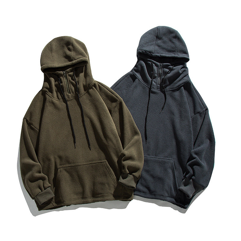 Solid Color Polar Fleece Hooded Sweater Retro Stitching Embroidery Hoodie