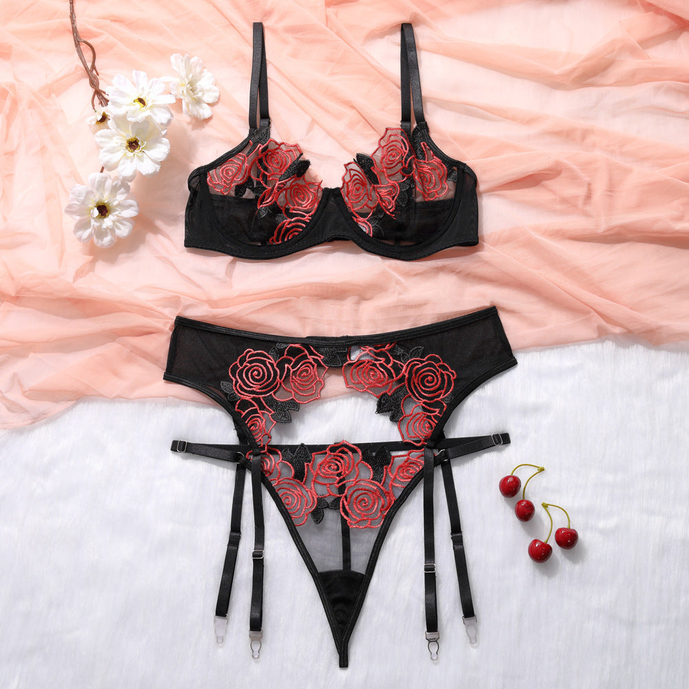 Rose Embroidery Mesh See-through Garter Three-piece Set