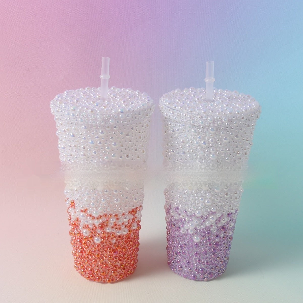 Stick-on Crystals Double-layer Large Capacity Cup With Straw
