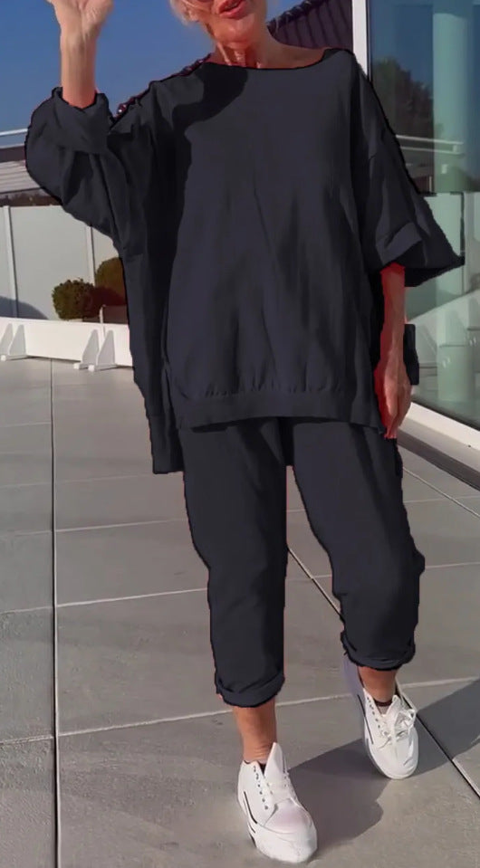 Casual Solid Color Round Neck Long Sleeve Top Two-piece Pants