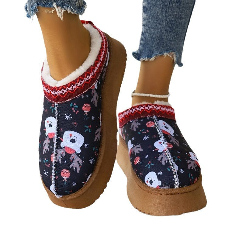 Women's Shoes Cartoon Pattern Thick Bottom Plush Low Top Toe Cap Lazy Slippers