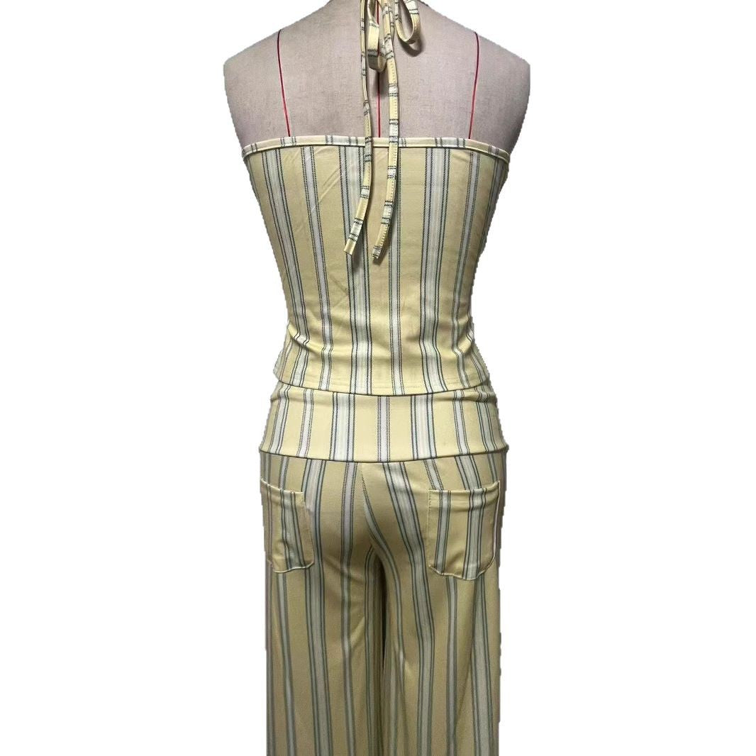 Sexy Strapless Striped Tube Top High Waist Casual Trousers Two-piece Set