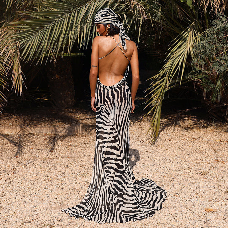 Resort Personality Zebra Print Temperament Slit Slip Dress