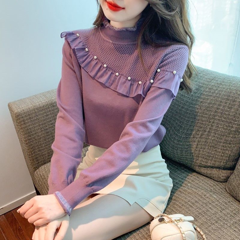 Women's Ruffled Stitching Half-high Collar Long Sleeves Knitwear