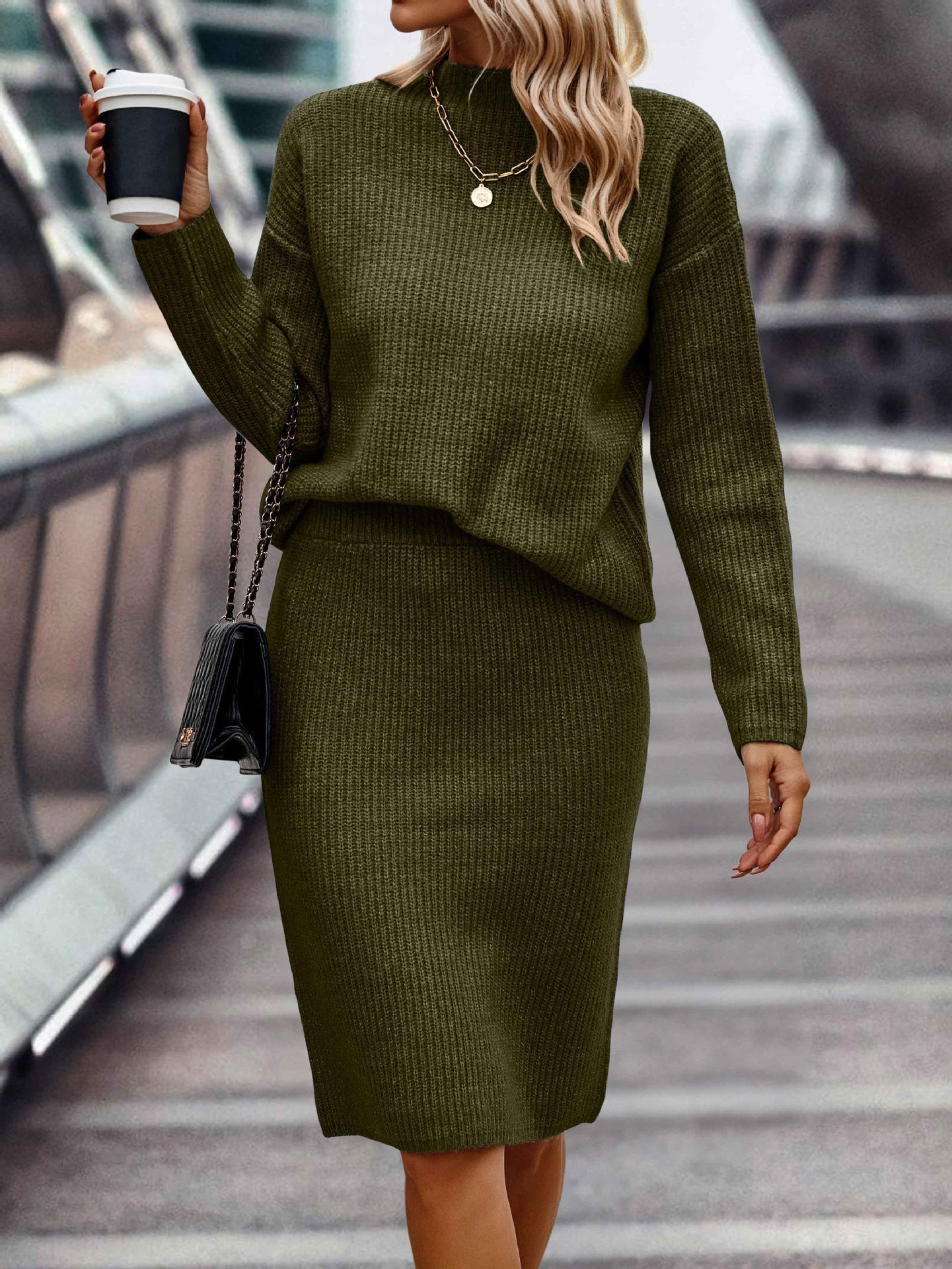 European And American Autumn And Winter Solid Color Long Sleeve Fashion Mock Neck Sweater Women's Suit