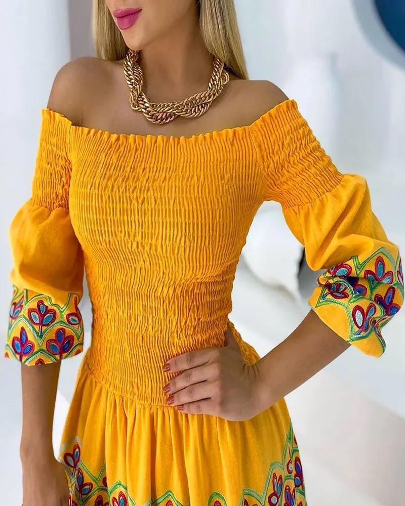 High Waist Temperament National Style Printed Strap Type Loose Yellow Dress