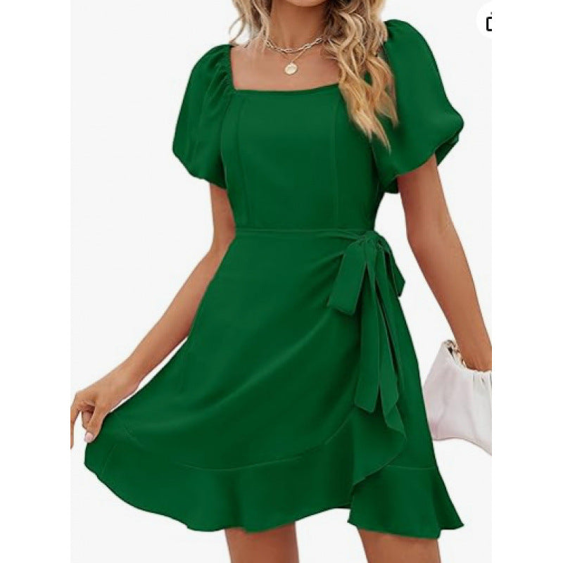 Women's Square Collar Solid Color Puff Sleeve Dress Lace-up Waist