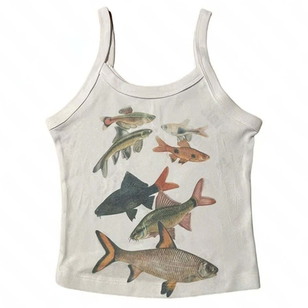 Abstract Goldfish Printed Square Collar Personality Slim Fit Sling Hot Girl Street Sexy Versatile Slimming Casual Vest