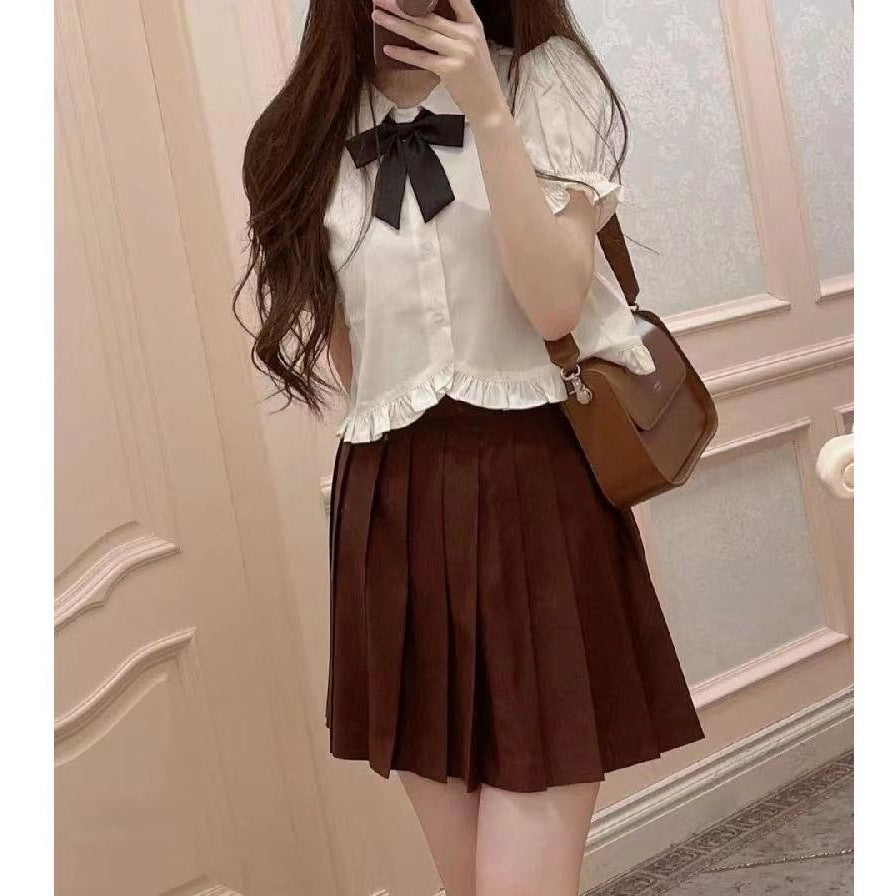 Women's Summer College Style Puff Sleeve White Short Sleeve Shirt