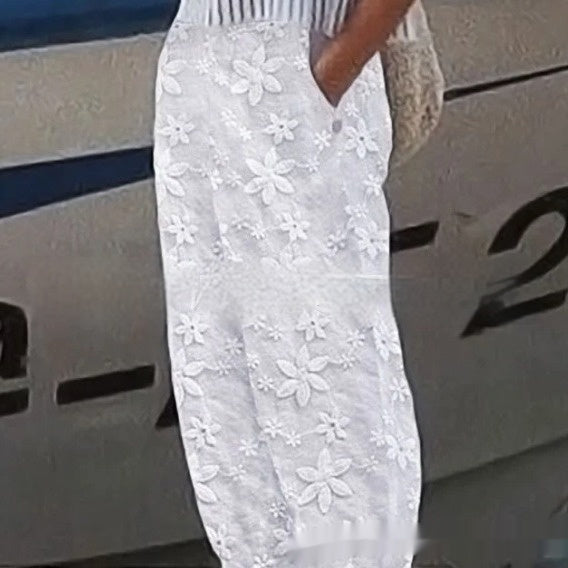 Women's Elegant Embroidery Cotton And Linen Casual Pants
