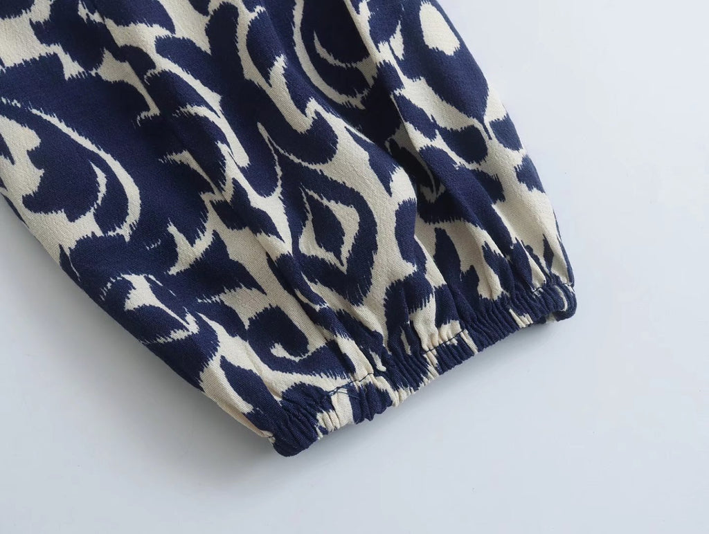 New Women's Stand Collar Printed Long Sleeve Waist-controlled Lace-up Dress