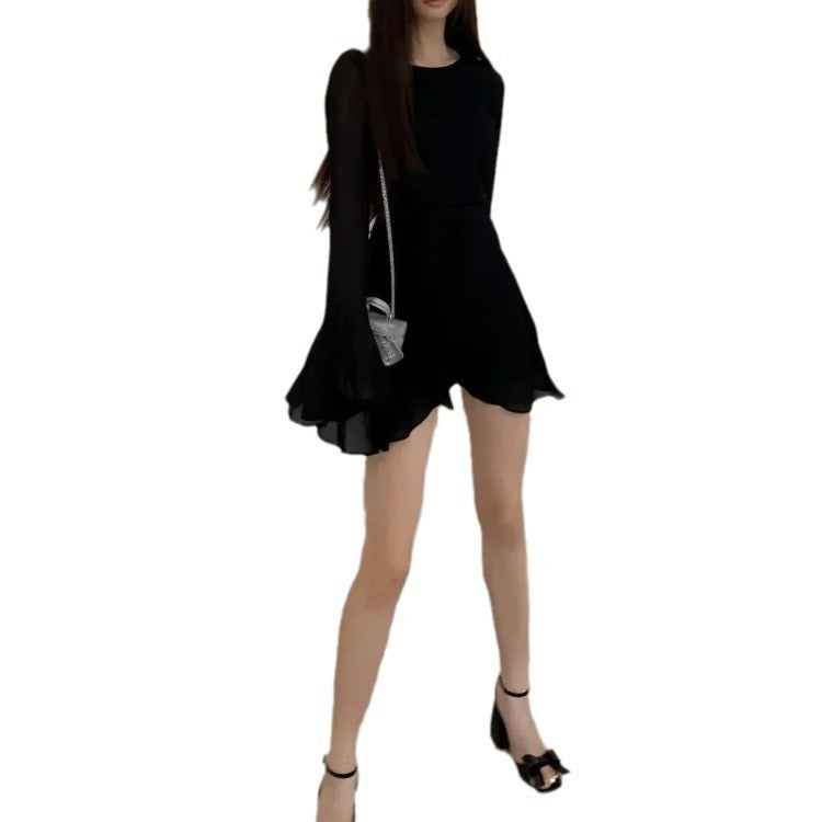 Black Backless Temperament Skirt Waist-controlled Long Sleeves Design Skirt