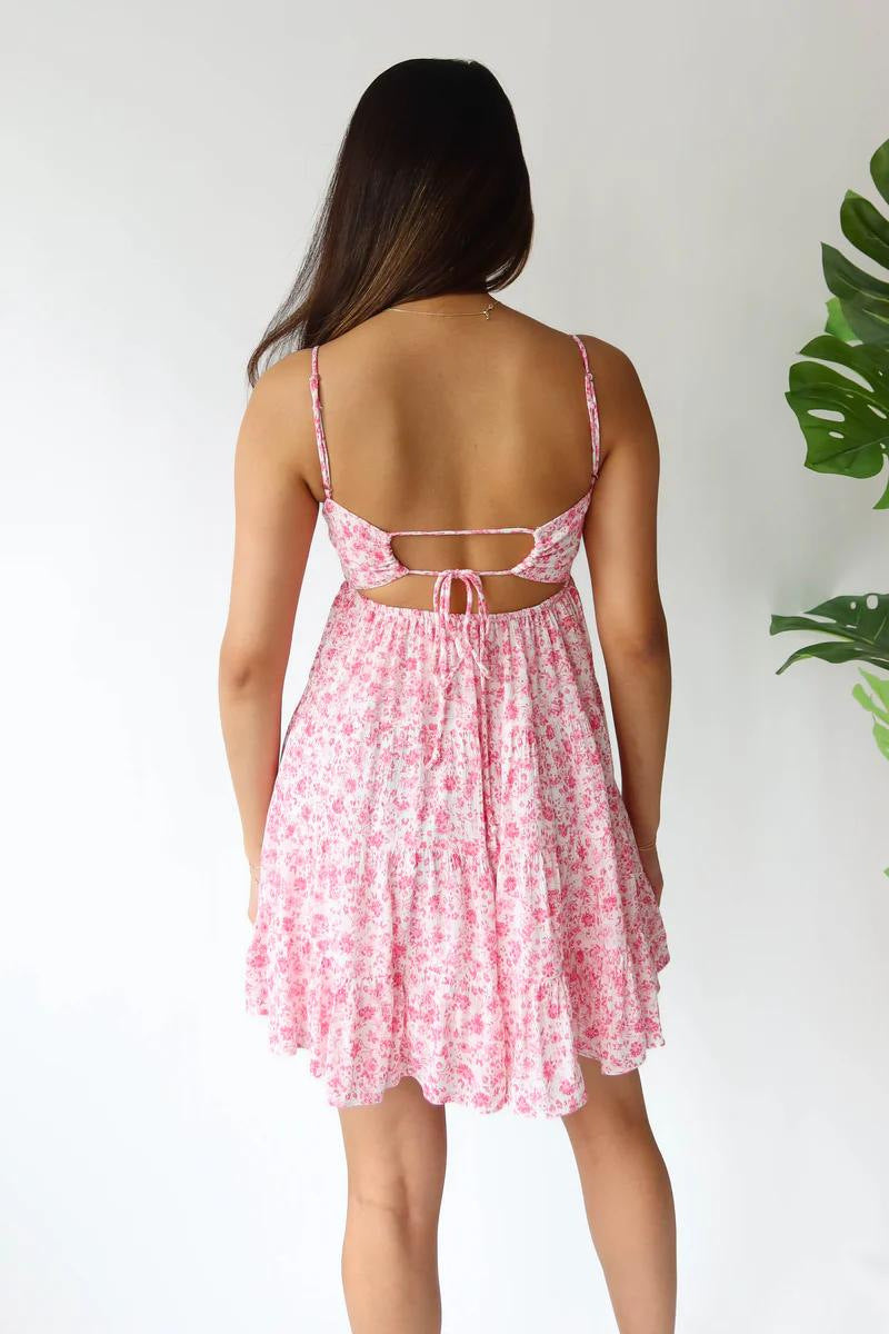 High Waist Strap Floral Backless Dress