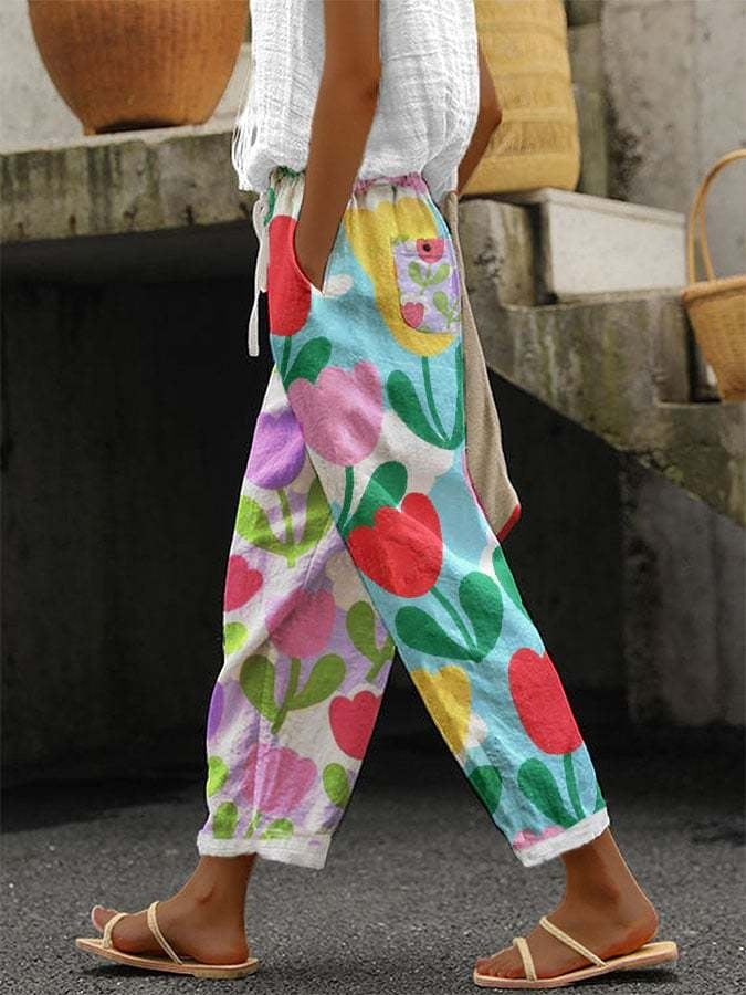 Women's Cotton And Linen Printing Paste Bags Casual Pants