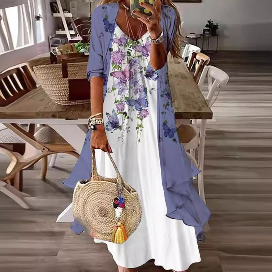 Two Piece Set Of Half Sleeved Printed Casual Retro Sexy Dress