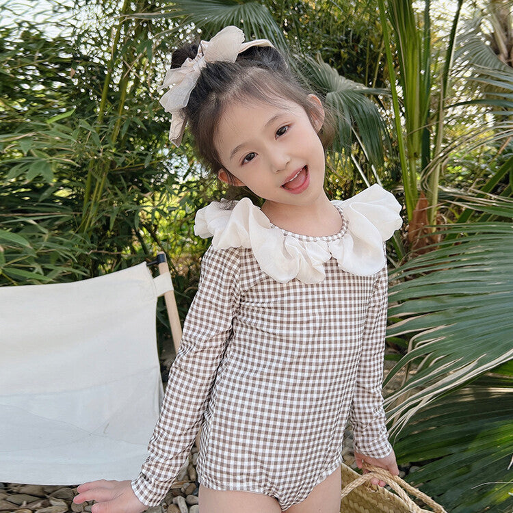 Long Sleeve One-piece Flower Collar Swimsuit For Girls