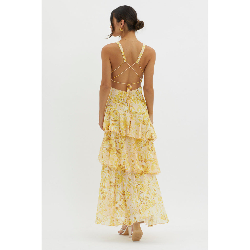 Women's Spaghetti-strap Floral Print Backless Multi-layer V-neck Dress