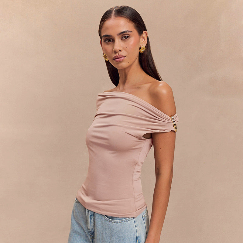 Women's Solid Color Pleated Off-shoulder Slim Off-shoulder Top